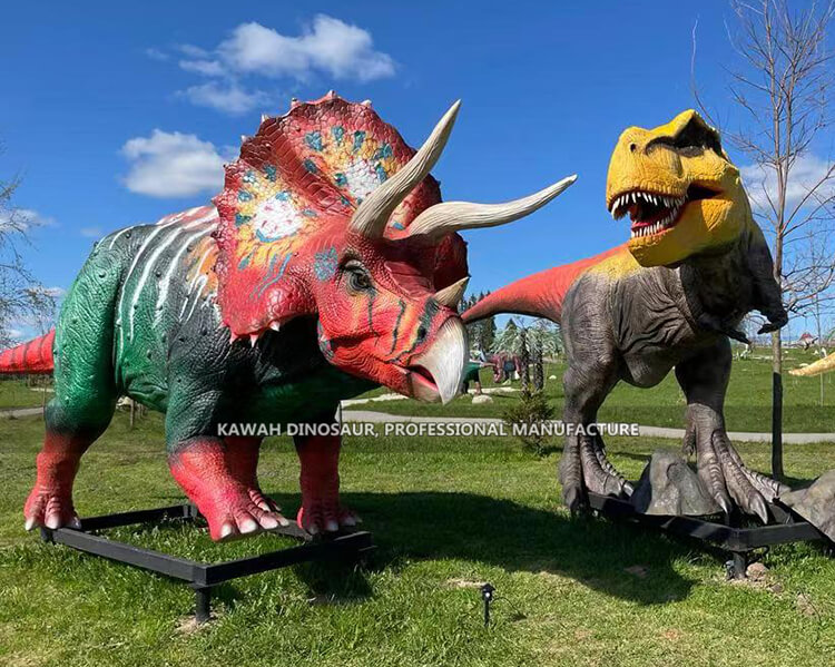 戶外公園景區(qū)霸王龍格斗三角龍電動模型